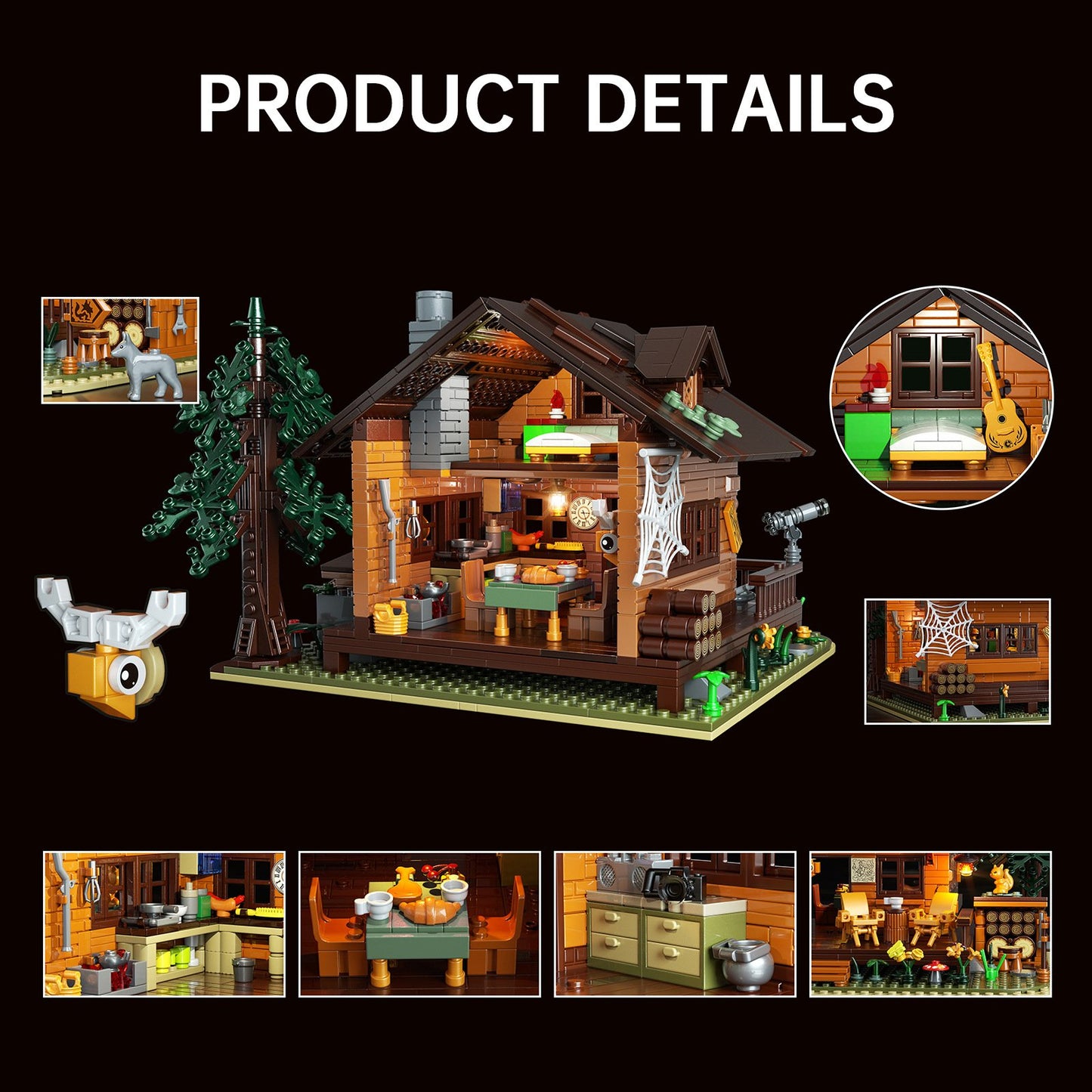 wood cabin building set with led lights - 1077 pcs forest house toy - 2