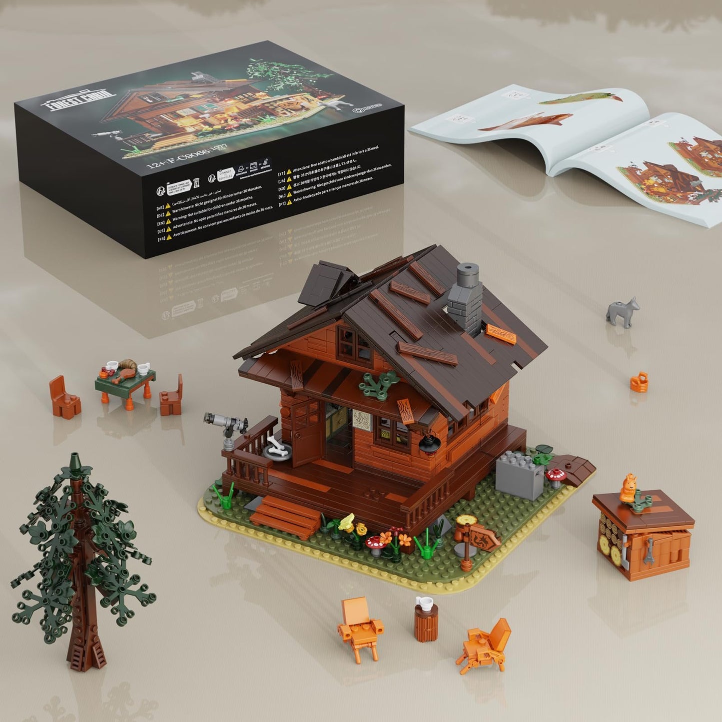 wood cabin building set with led lights - 1077 pcs forest house toy - 6