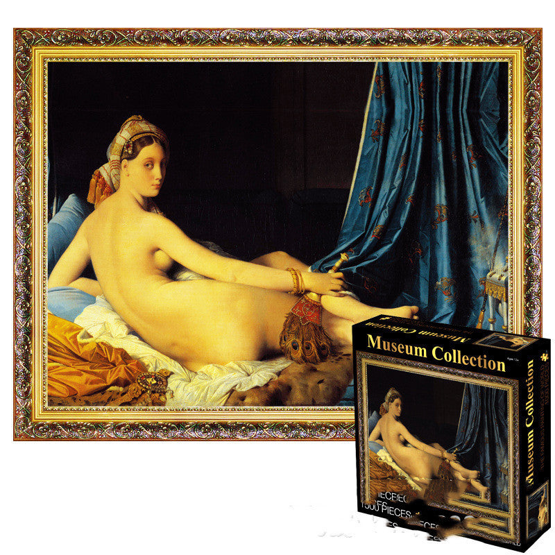 A nude woman reclines on a bed, framed by a blue curtain, featured in the Adult Puzzle Toys Museum Collection, 1500pcs