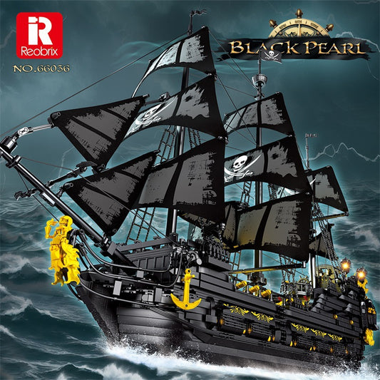 black pearl pirate ship with lights building block - reobrix 66036 - 1