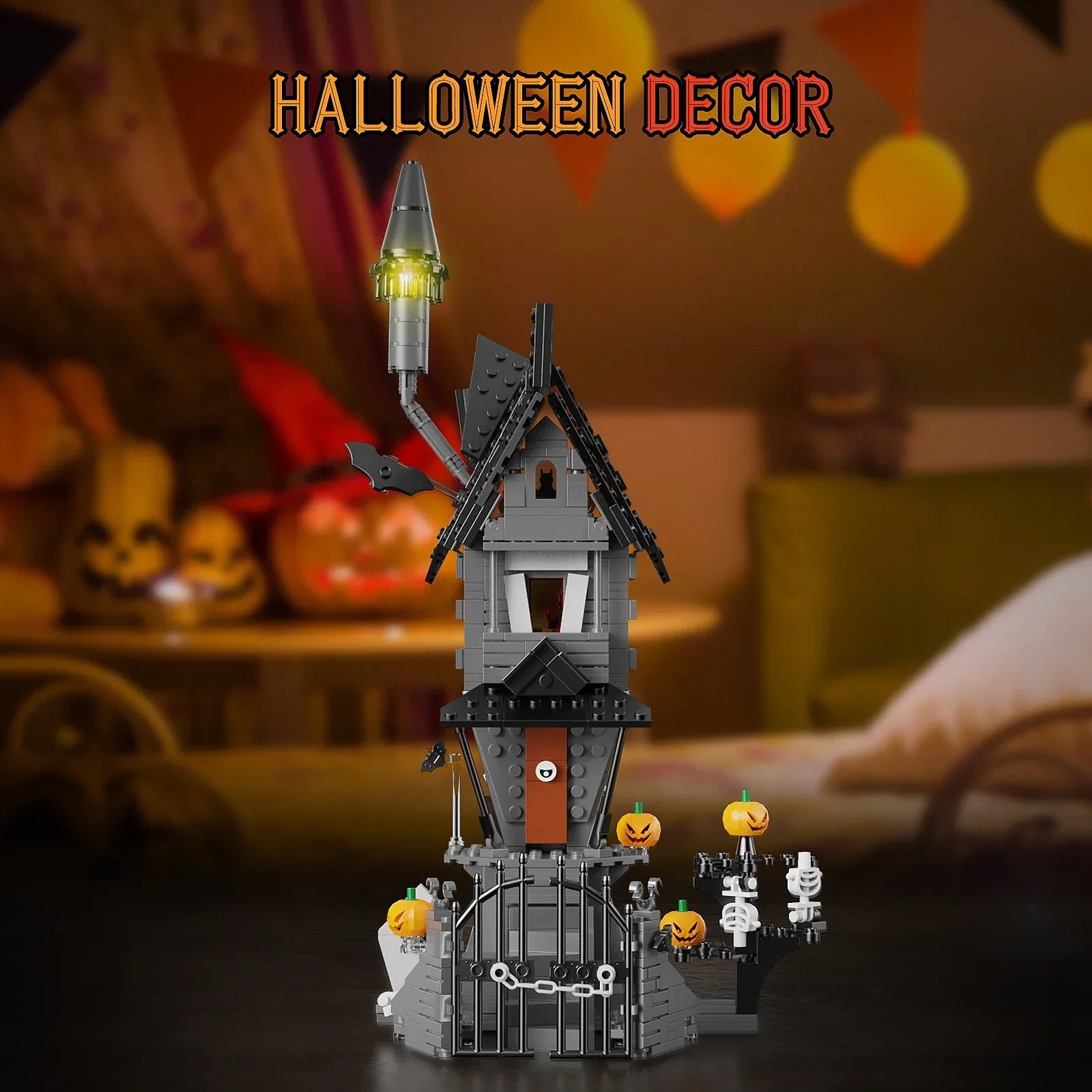 A whimsical Lego house featuring Halloween decorations