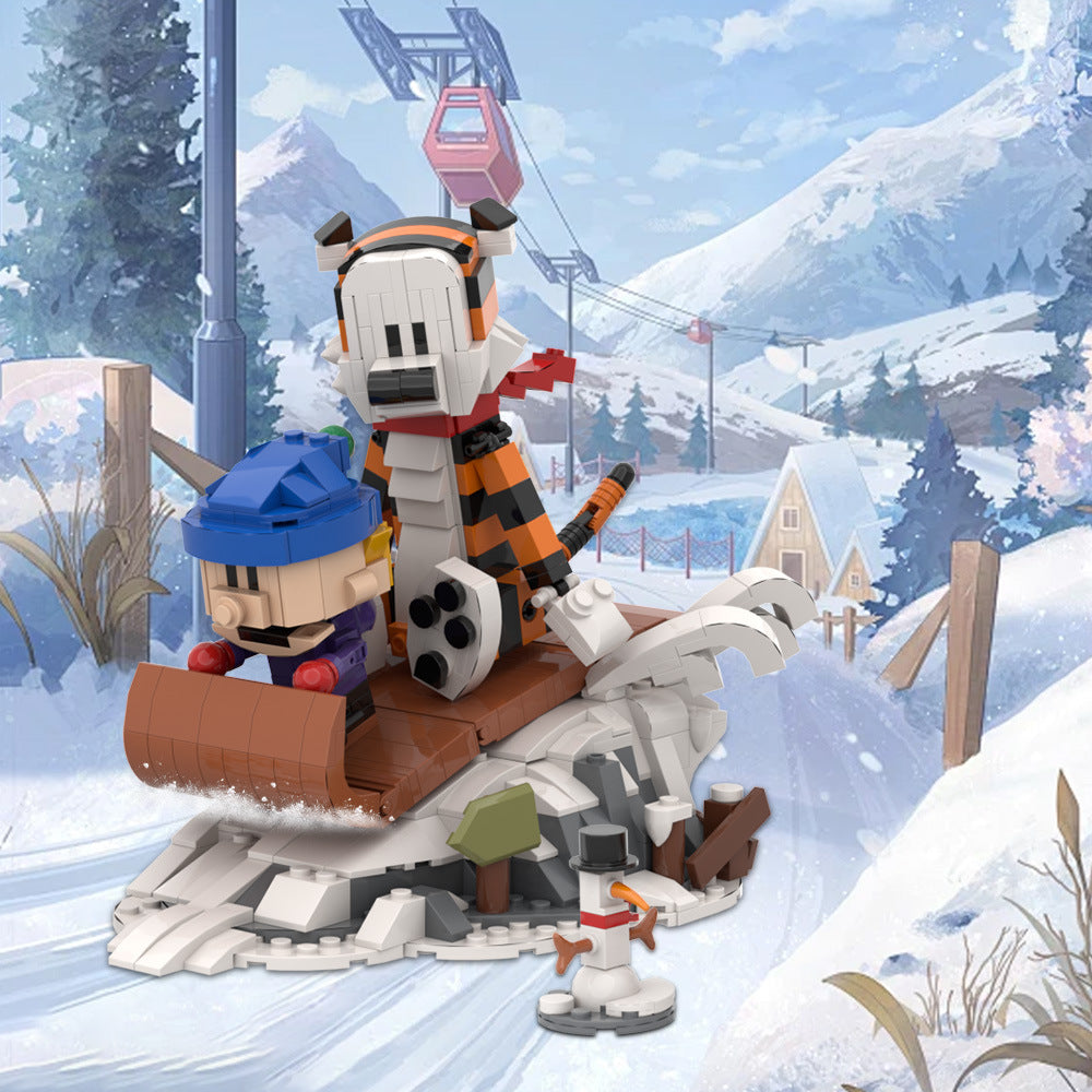 calvin and hobbes sledding building set | lego compatible - 1