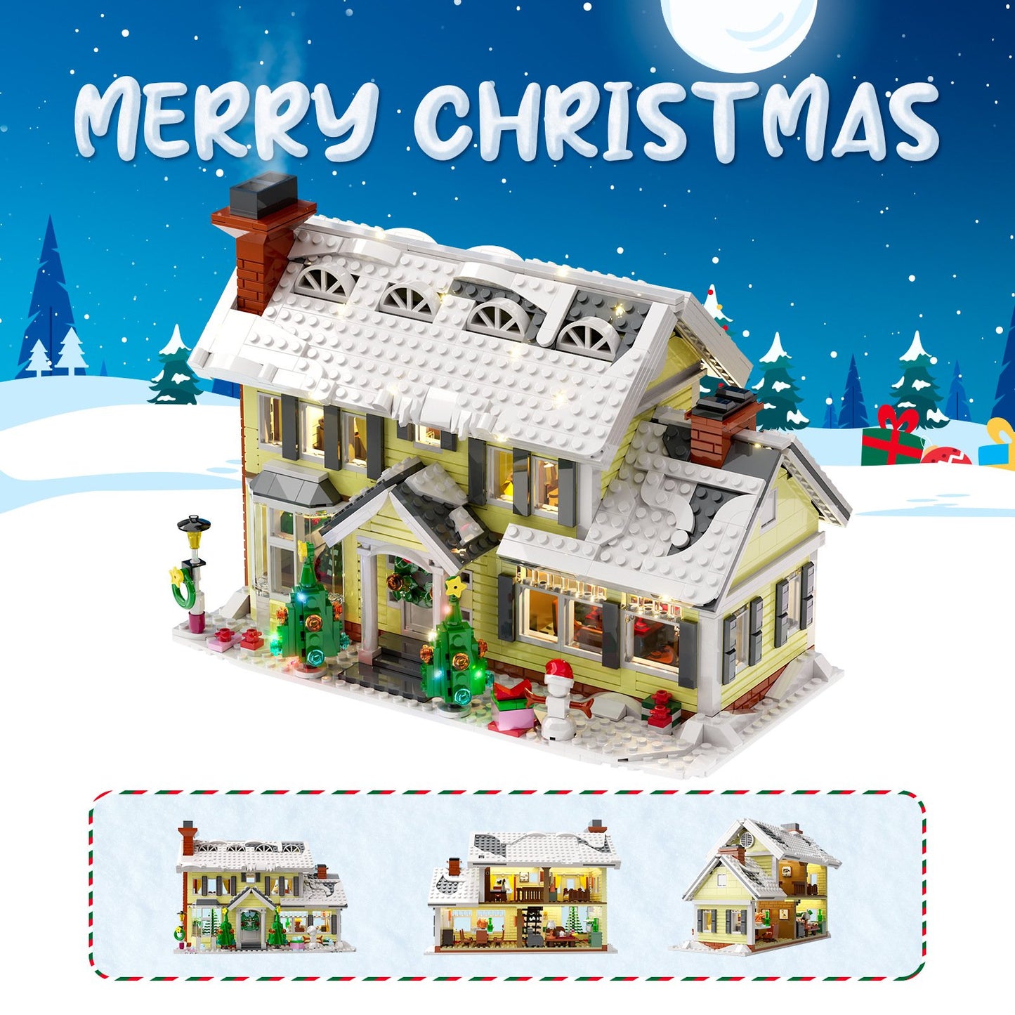 christmas snow village building set - holiday house with led diy - 2