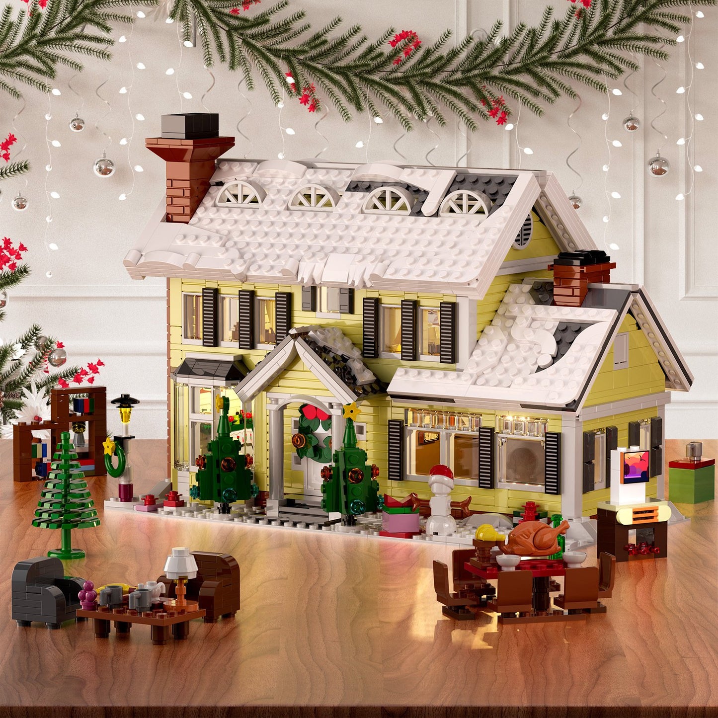 christmas snow village building set - holiday house with led diy - 4