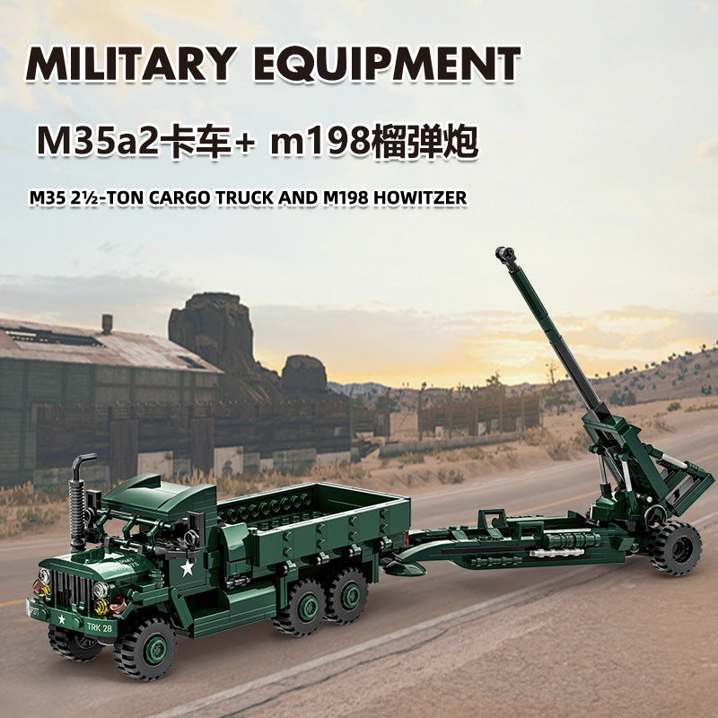 dm35a2 cargo truck and m198 howitzer building blocks set - wange bricks - 1