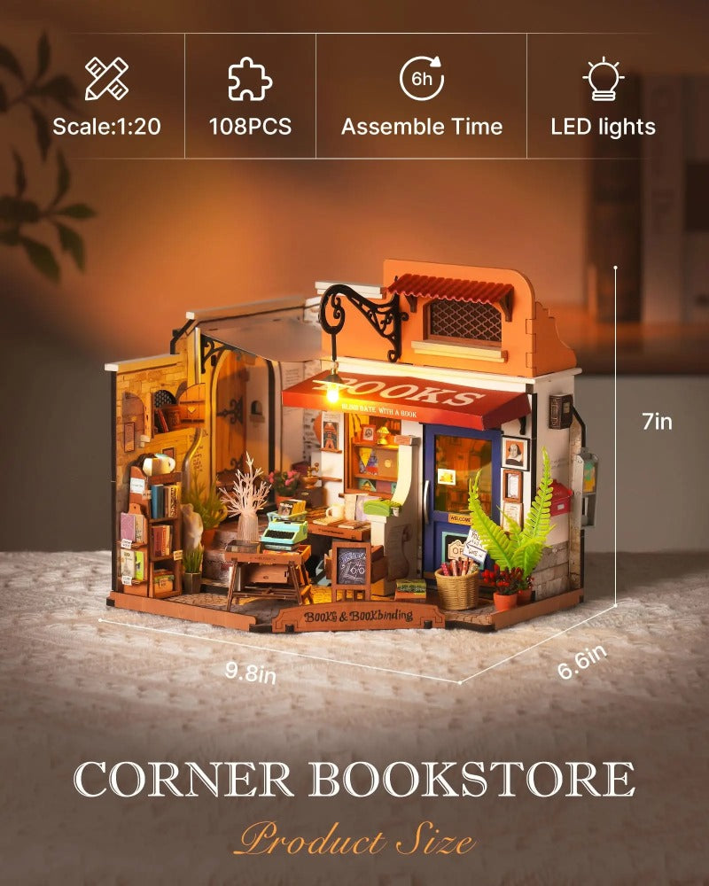 Mini House Building Kit Robotime Corner Bookstore 108 pcs