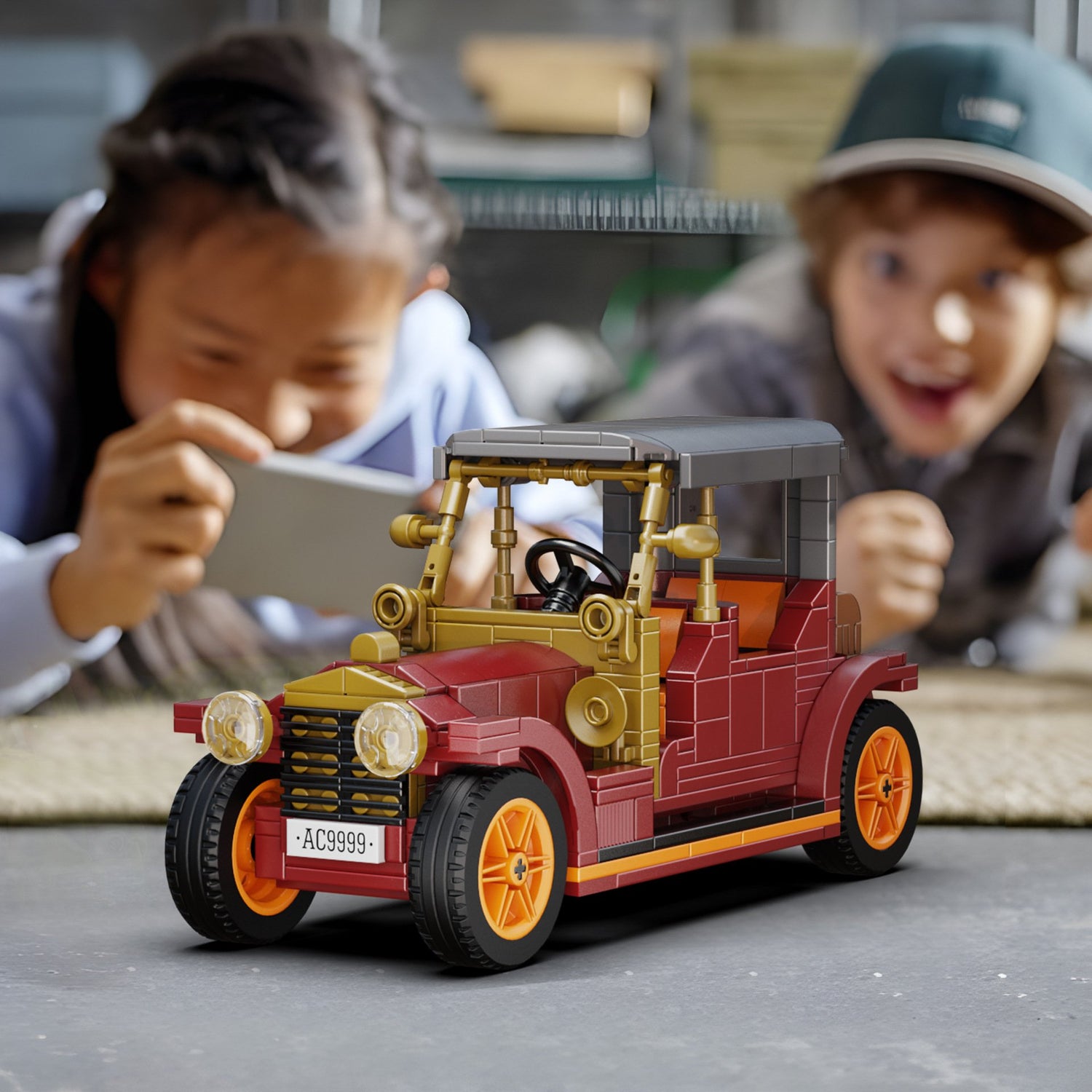 red vintage car model  - classic retro vehicle building blocks - 2