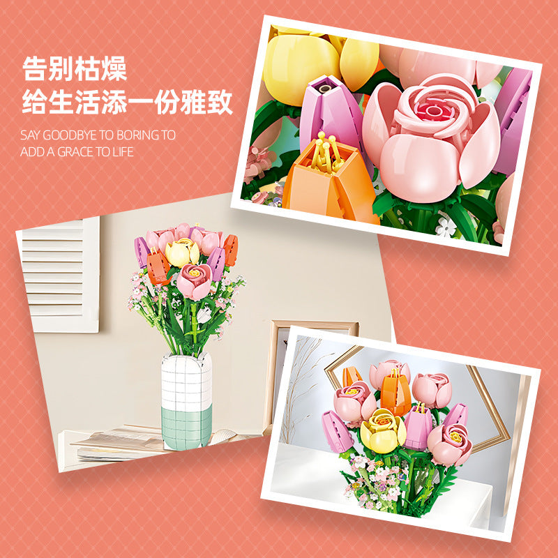 rose tulip ensemble with vase building set | jiestar 9065 - 1