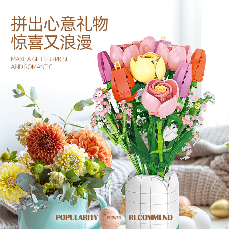 rose tulip ensemble with vase building set | jiestar 9065 - 3