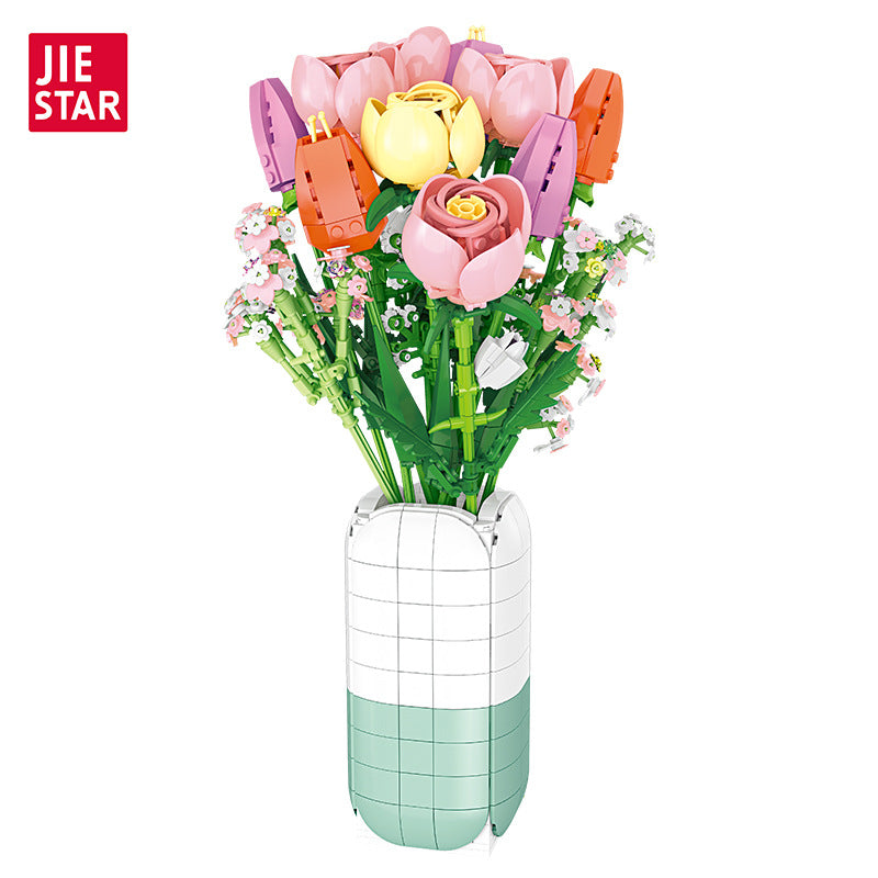 rose tulip ensemble with vase building set | jiestar 9065 - 4