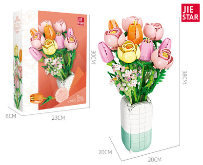 rose tulip ensemble with vase building set | jiestar 9065 - 5