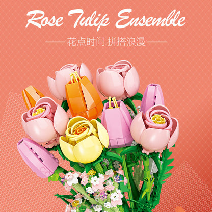 rose tulip ensemble with vase building set | jiestar 9065 - 6